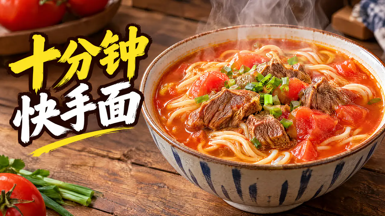 AIで生成した16:9の料理動画のサムネイル：木のテーブルに湯気の立つトマト牛肉麺、左側に中国語の大きなタイトル「十分钟快手面」