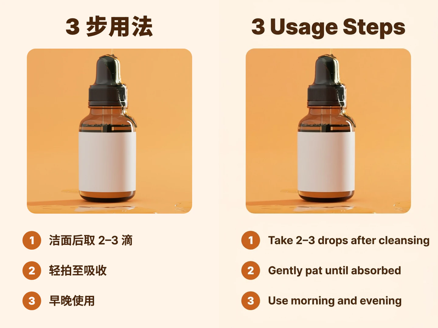 美容液の3ステップの使い方画像を中国語から英語に翻訳した前後の比較